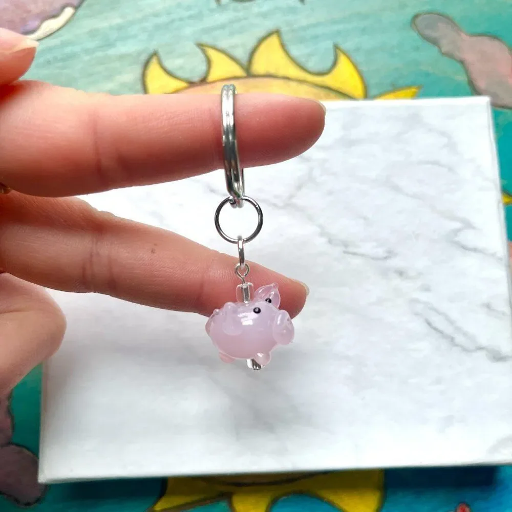 Glass Pink Pig Charm Key Chain